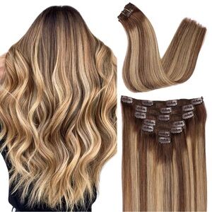 14 in Brown to Blonde Highlight Clip-In Hair Extensions 100% Human Hair  7 pcs